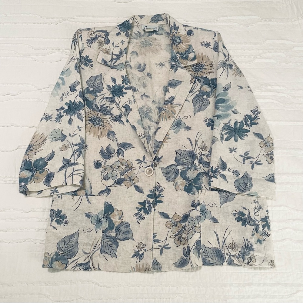 Vntg Joanna Linen Blend Oatmeal and Blue Floral Blazer Size XL